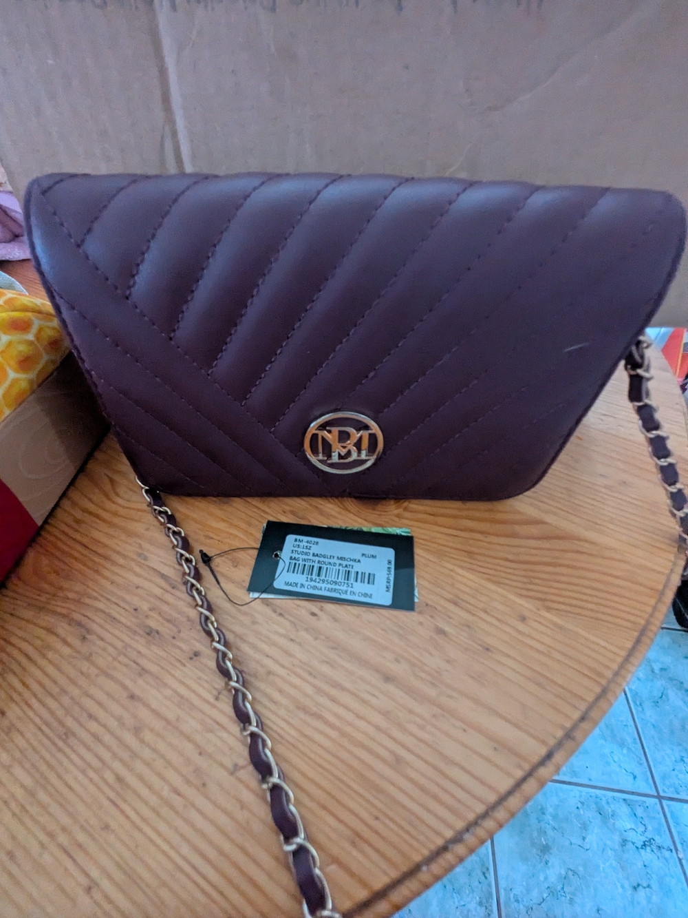 Quilted Plum Chain Crossbody Bag with Gold Logo - Picture 1 of 3